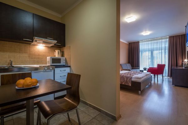Plně vybavený kuchyňský kout a obytná část apartmánu